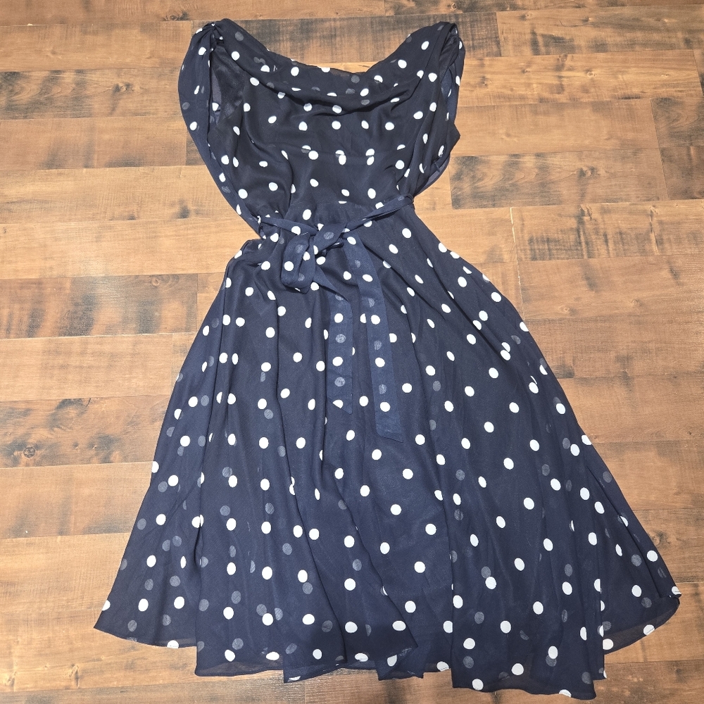 Navy Blue White Polka Dot Cowl Drape [Size 12] Dress Classy Luxury Look